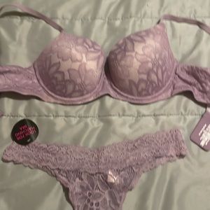 Purple lace bra and thong underwear set. Sz 36c and Large